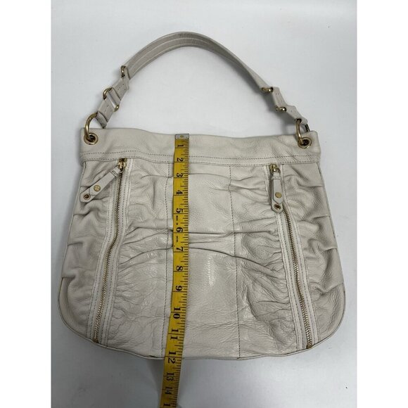 Cole Haan Ruched Cream Genuine Leather Hobo Shoulder Bag Gold accents Zipper - Picture 10 of 14